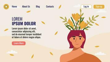 plano diseño sitio web aterrizaje página modelo con un retrato de un mujer con un ramo de flores de flores mental salud concepto. vector ilustración.