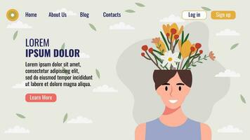 plano diseño sitio web aterrizaje página modelo con un retrato de un mujer con un ramo de flores de flores mental salud concepto. vector ilustración.