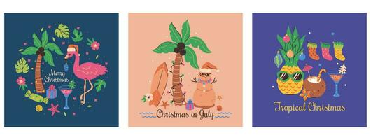 Set of Christmas tropical cards with flamingo, pineapple, palm tree. Vector graphics.