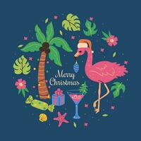 Tropical Christmas style greeting card with flamingo and palm tree. Vector graphics.