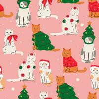 Seamless pattern with cats in Christmas clothes. Vector graphics.