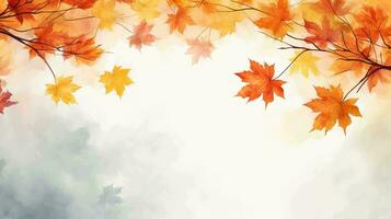 Soft Watercolor Autumn Maple Leaves with Ink Effect on the Minimalist Background, Copy Space photo