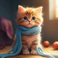 Adorable kitten in a knitted hat and scarf. Cute cat in a Christmas composition with bokeh effect. AI Generated. photo