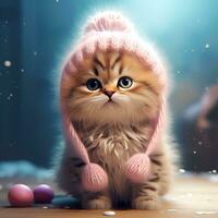 Adorable kitten in a knitted hat and scarf. Cute cat in a Christmas composition with bokeh effect. AI Generated. photo