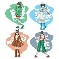 Kid girl in Christmas Costumes. Elf, Snowflake, Fir-Tree and Reindeer with girl characters. Vector illustration