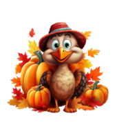 cute turkey cartoon wearing hat and scarf isolated ai generative png