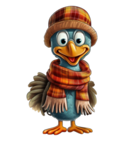 cute turkey cartoon wearing hat and scarf isolated ai generative png