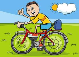 contento dibujos animados chico personaje montando un bicicleta al aire libre vector
