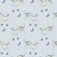 A whippet dogs. A pet dogs. The hound dog Dogs, paws, balls and bones. Watercolor seamless pattern.Cute pet-themed print for, fabric, design, veterinary clinic,pet store, logo,scrapbooking, pet tags. vector