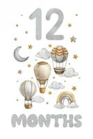 Baby Milestone Card with Beige Hot Air Balloon, clouds and stars. Baby's twelve month. Twelve months of baby. Monthly numbers cards. Newborn month postcard. Card for kids' photos. vector