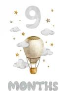 Baby Milestone Card with Beige Hot Air Balloon, clouds and stars. Baby's nine month. Nine month of baby. Monthly numbers cards. Newborn month postcard. Card for kids' photos. vector