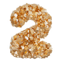 Golden number two, on transparent background. Symbol 2, made from shiny gold particles. Trendy, luxury, modern design element. Cut out object. Anniversary or second birthday. Special event. 3D. png