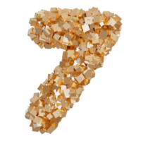 Golden number seven, on transparent background. Symbol 7, made from shiny gold particles. Trendy, luxury, modern design element. Cut out object. Anniversary or seventh birthday. Special event. 3D. png