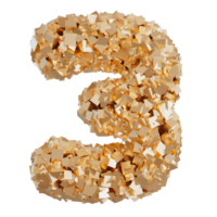 Golden number three, on transparent background. Symbol 3, made from shiny gold particles. Trendy, luxury, modern design element. Cut out object. Anniversary or third birthday. Special event. 3D. png