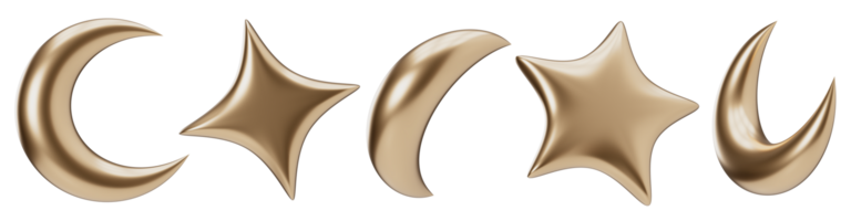 Golden 3D moons and stars group on transparent background. Cut out design elements. Night, sweet dreams signs. Nighttime. 3D render. png