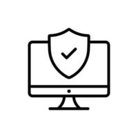 Computer with shield checkmark, data and network security concept icon in line style design isolated on white background. Editable stroke. vector