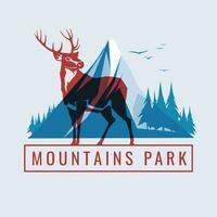 Red deer on the background of a blue mountain peak. National Wild Park. Risograph effect. Vector flat illustration