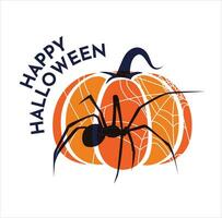 pumpkin in a spider's web. Risograph effect. Halloween greetings concept. Vector flat illustration