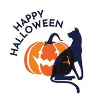 A black cat with pumpkin. Risograph effect. Concept of a greeting card for Halloween. Flat vector illustration