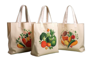 herbruikbaar canvas tote kleding boodschappen doen zak mockup van kleding stof met handvat. sjabloon van wit katoen met kleurrijk afbeelding eco tas. 3d illustratie, ai gegenereerd png