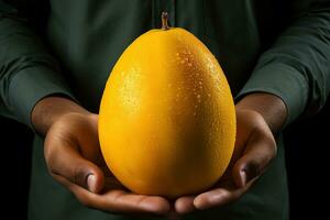 maduro amarillo mango Fruta en manos. tropical frutas maduro amarillo mango fruta. foto