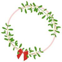 Mistletoe wreath with Red Bow isolated on white. Round vector Botanical Frame, Flat style illustration. Christmas Holiday Decoration, Design element for Postcard, Wedding invitation, Poster, Sticker.