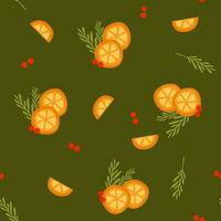 Christmas and Happy New Year seamless pattern. Christmas tree, Red berries and tangerines. New Year symbols. Vector Flat cartoon illustration, Holiday Design for Wallpaper, Wrapping paper, Banner.