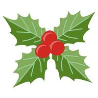 Holly berry and leaves Christmas symbol. Vector Flat Botany illustration. Seasonal December Holiday decoration in cartoon style. Color template for Postcard, Sticker, Banner, Card.