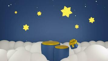 3D blue background with snowflake christmas and gold minimalist podium, suitable for product promotion video