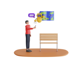 navegación mapa asistente 3d ilustración. automatizado inteligente navegación sistema. hombre utilizando teléfono inteligente buscando mundo mapa png