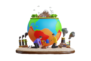 protect the world from pollution. People take care about planet ecology. growing plants and choosing renewable resources. 3d illustration png