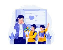 contento profesores día. colegio niños dando regalos y ramos de flores de flores a su hembra maestro. mundo profesores día celebracion vector