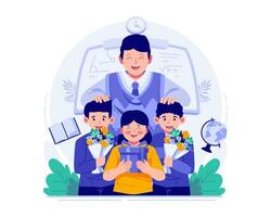 Happy Teachers Day. A Male Teacher and Children Students Holding Gifts and a Bouquet of Flowers. World Teachers Day Celebration vector