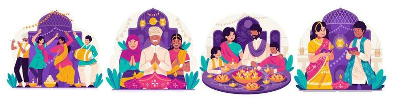 ilustración conjunto de contento diwali saludos. indio personas en tradicional ropa participación iluminado petróleo lamparas o diya celebrando diwali festival de luces vector