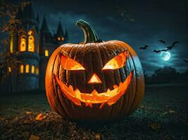 AI Generated Halloween pumpkin glowing jack o'lantern at night in forest, bats, haunted castle This photo was generated using Leonardo AI