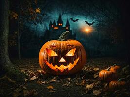 AI Generated Halloween pumpkin glowing jack o'lantern at night in forest, bats, haunted castle This photo was generated using Leonardo AI