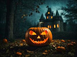 AI Generated Halloween pumpkin glowing jack o'lantern at night in forest, bats, haunted castle This photo was generated using Leonardo AI