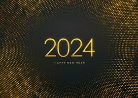 Happy New 2024 Year. Golden metallic luxury numbers 2024 on shimmering background. Realistic sign for greeting card. Bursting backdrop with glitters. Festive poster or banner. Vector illustration.