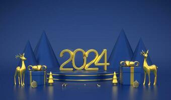 Happy New 2024 Year. 3D Golden metallic numbers 2024 on blue stage podium. Scene, round platform with gift boxes, realistic golden deers, balls, metallic pine spruce trees on blue background. Vector. vector