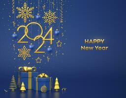 Happy New 2024 Year. Hanging golden metallic numbers 2024 with stars, balls and confetti on blue background. Gift boxes and golden metallic pine or fir, cone shape spruce trees. Vector illustration.