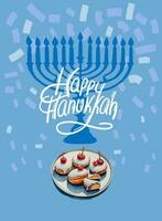 Happy Hanukkah colorful card with menorah, Sufganiyo, lettering. Vector illustration