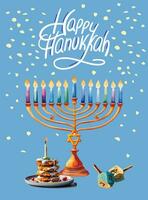 Happy Hanukkah colorful card with menorah, Latkes, Dreidel, lettering. Vector, watercolor style vector