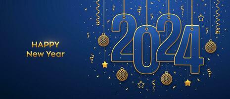 Happy New 2024 Year. Hanging on gold ropes numbers 2024 with shining 3D metallic stars, balls and confetti on blue background. New Year greeting card, banner template. Realistic Vector illustration.