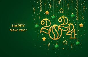 Happy New 2024 Year. Hanging Golden metallic numbers 2024 with shining 3D metallic stars, balls and confetti on green background. New Year greeting card, banner template. Realistic Vector illustration