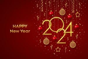 Happy New 2024 Year. Hanging Golden metallic numbers 2024 with shining 3D metallic stars, balls and confetti on red background. New Year greeting card, banner template. Realistic Vector illustration.