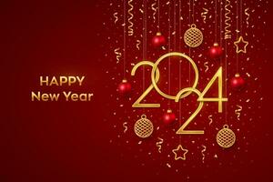 Happy New 2024 Year. Hanging Golden metallic numbers 2024 with shining 3D metallic stars, balls and confetti on red background. New Year greeting card, banner template. Realistic Vector illustration.