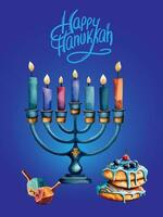 Happy Hanukkah colorful card with menorah, Latkes, Dreidel, lettering. Vector, watercolor style vector