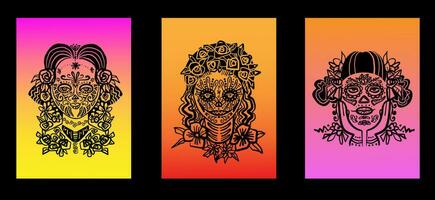 Day of the Dead woman with sugar skull face. Collection silhouette icons vector