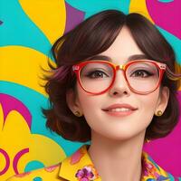 Woman with glasses in front of a colorful background Ai Generative photo