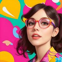 Woman with glasses in front of a colorful background Ai Generative photo